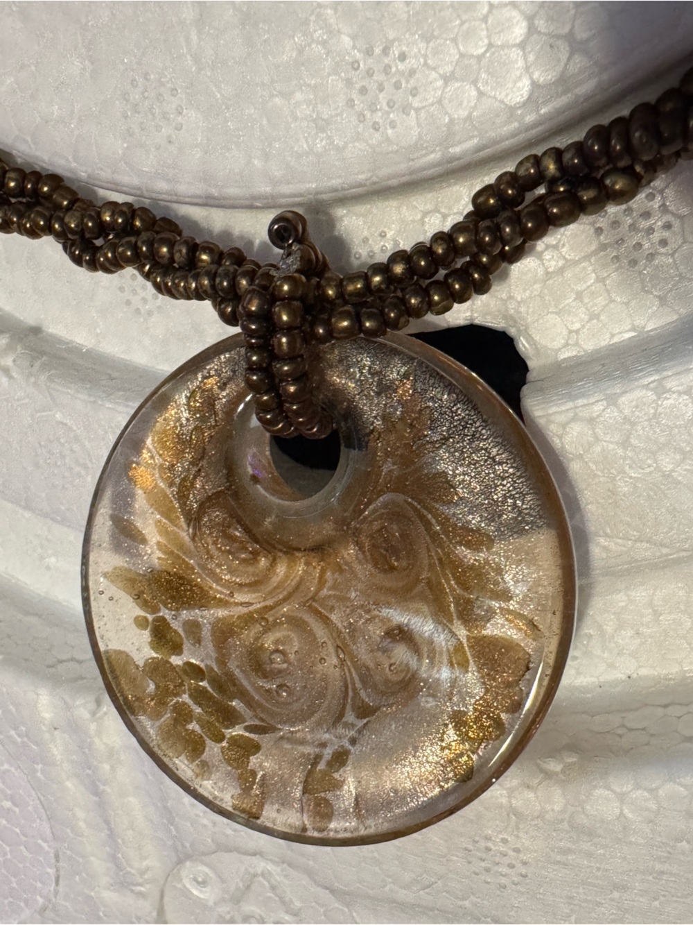 Murano Gold and Brown Glass Donut Pendant Necklace